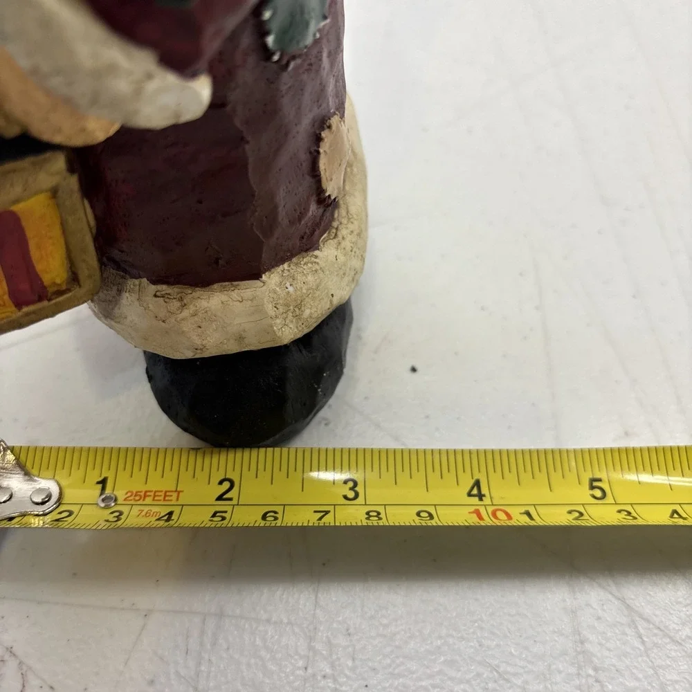 Vtg Resin Patchwork Santa Claus Holding Teddy Wreath‎ & Lantern Figurine